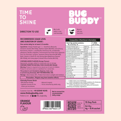 Bug Buddy Time To Shine Glutathione Collagen Powder Sachets, 15 Days Pack, 100g, Unisex Adult Supplement - label detail