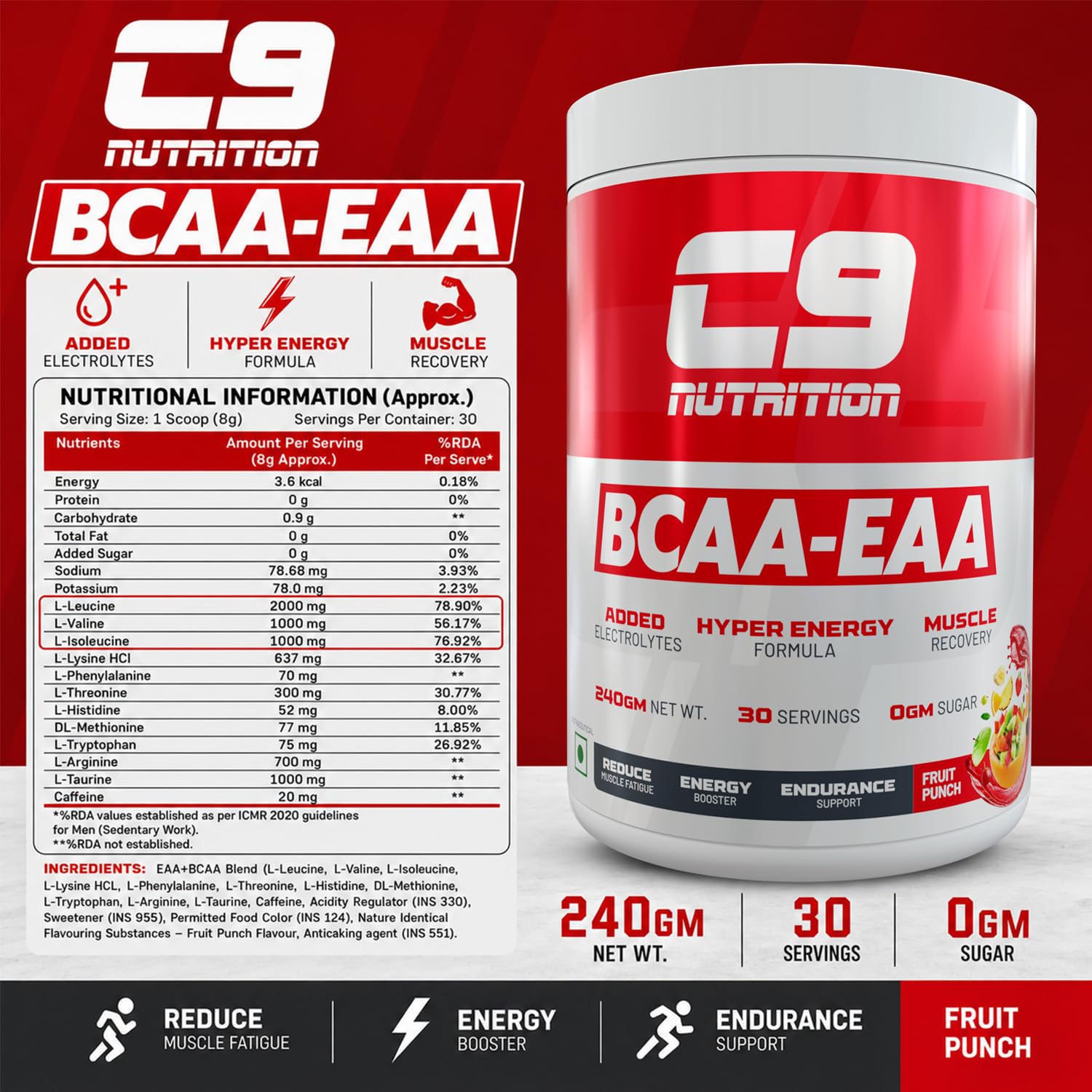 C9 Nutrition BCAA + EAA Powder, 30 Servings, 300g, Sugar-Free, Non-GMO, Gluten-Free - ingredients panel (13)