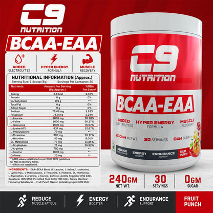 C9 Nutrition BCAA + EAA Powder, 30 Servings, 300g, Sugar-Free, Non-GMO, Gluten-Free - ingredients panel (13)