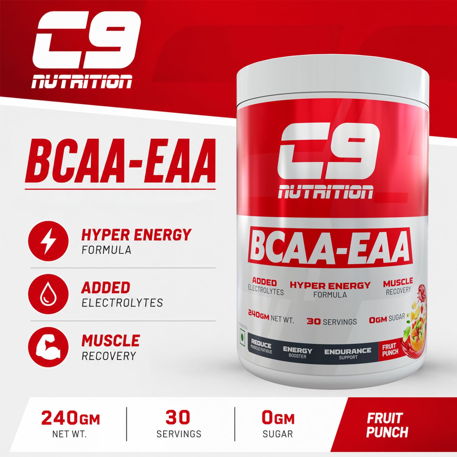C9 Nutrition BCAA + EAA Powder, 30 Servings, 300g, Sugar-Free, Non-GMO, Gluten-Free - close-up detail (14)