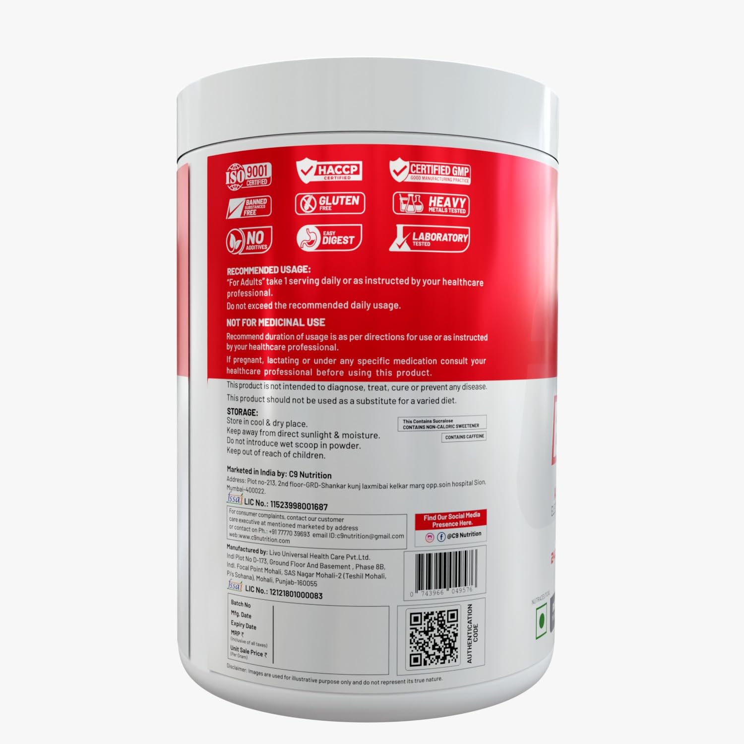 C9 Nutrition BCAA + EAA Powder, 30 Servings, 300g, Sugar-Free, Non-GMO, Gluten-Free - size and scale (16)