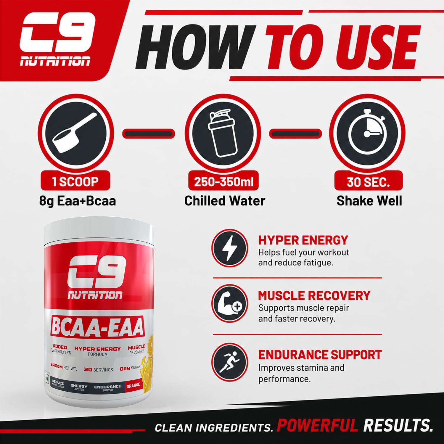 C9 Nutrition BCAA + EAA Powder, 30 Servings, 300g, Sugar-Free, Non-GMO, Gluten-Free - packaging (18)