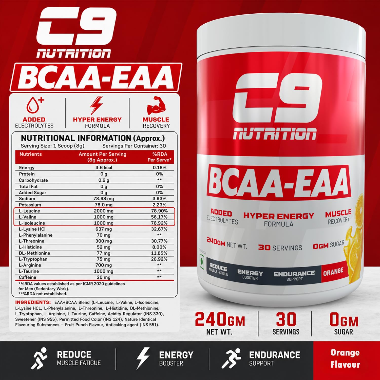 C9 Nutrition BCAA + EAA Powder, 30 Servings, 300g, Sugar-Free, Non-GMO, Gluten-Free - ingredients panel (19)