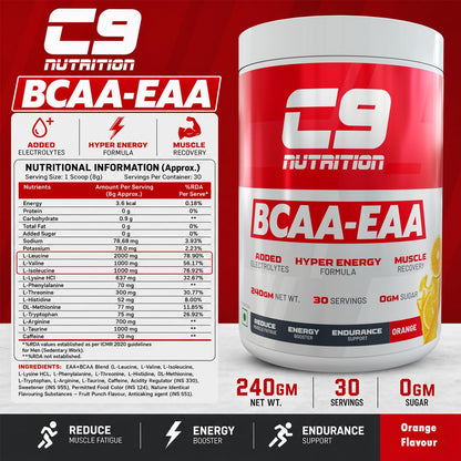 C9 Nutrition BCAA + EAA Powder, 30 Servings, 300g, Sugar-Free, Non-GMO, Gluten-Free - ingredients panel (19)