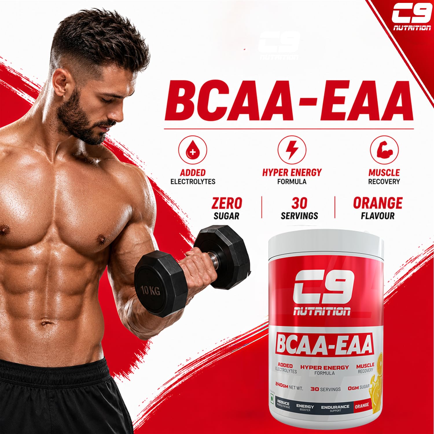 C9 Nutrition BCAA + EAA Powder, 30 Servings, 300g, Sugar-Free, Non-GMO, Gluten-Free - front view