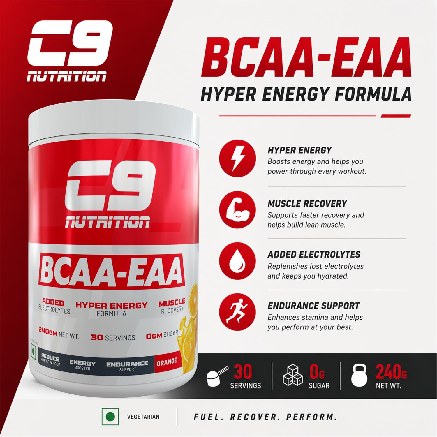 C9 Nutrition BCAA + EAA Powder, 30 Servings, 300g, Sugar-Free, Non-GMO, Gluten-Free - close-up detail (20)
