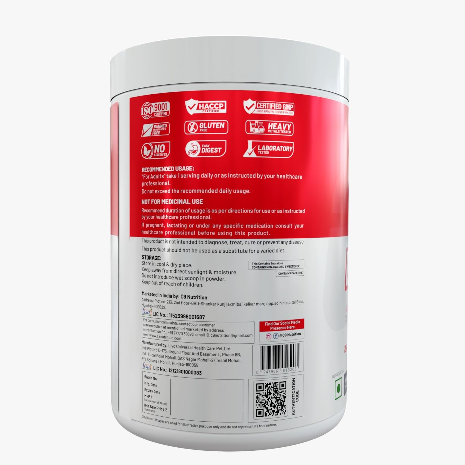 C9 Nutrition BCAA + EAA Powder, 30 Servings, 300g, Sugar-Free, Non-GMO, Gluten-Free - size and scale (22)