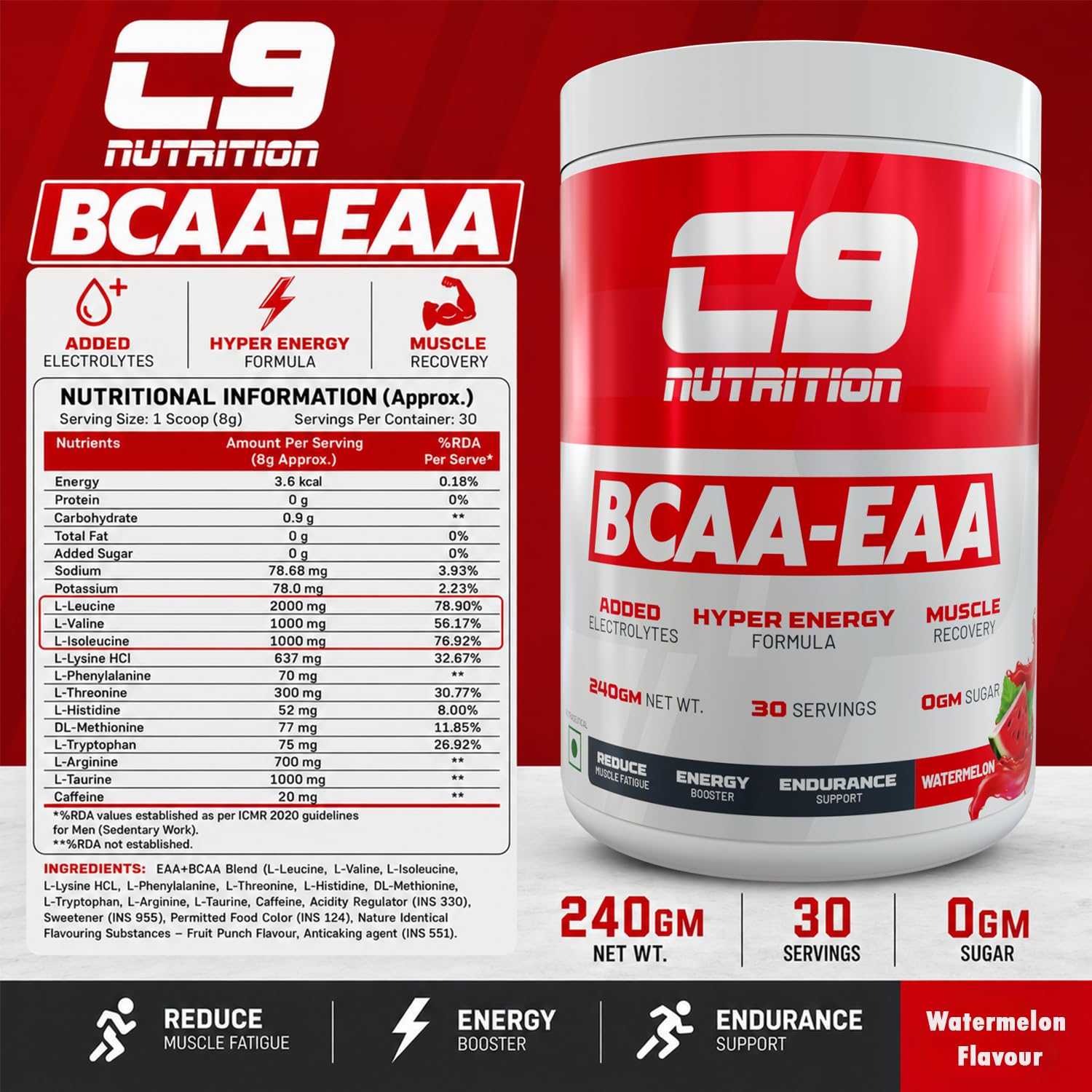 C9 Nutrition BCAA + EAA Powder, 30 Servings, 300g, Sugar-Free, Non-GMO, Gluten-Free - ingredients panel (25)