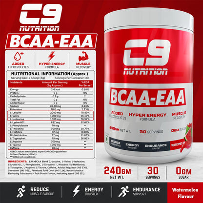 C9 Nutrition BCAA + EAA Powder, 30 Servings, 300g, Sugar-Free, Non-GMO, Gluten-Free - ingredients panel (25)