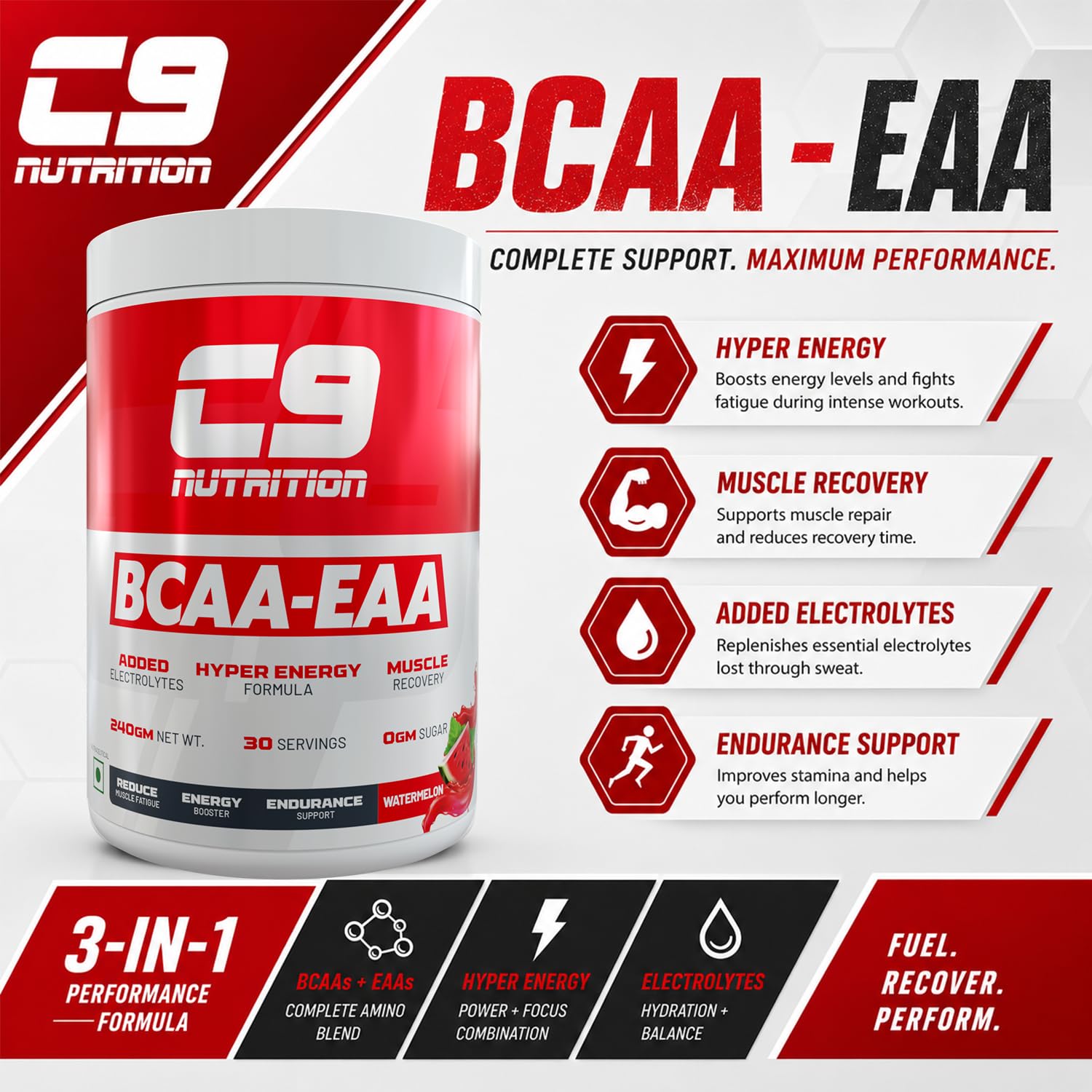 C9 Nutrition BCAA + EAA Powder, 30 Servings, 300g, Sugar-Free, Non-GMO, Gluten-Free - close-up detail (26)