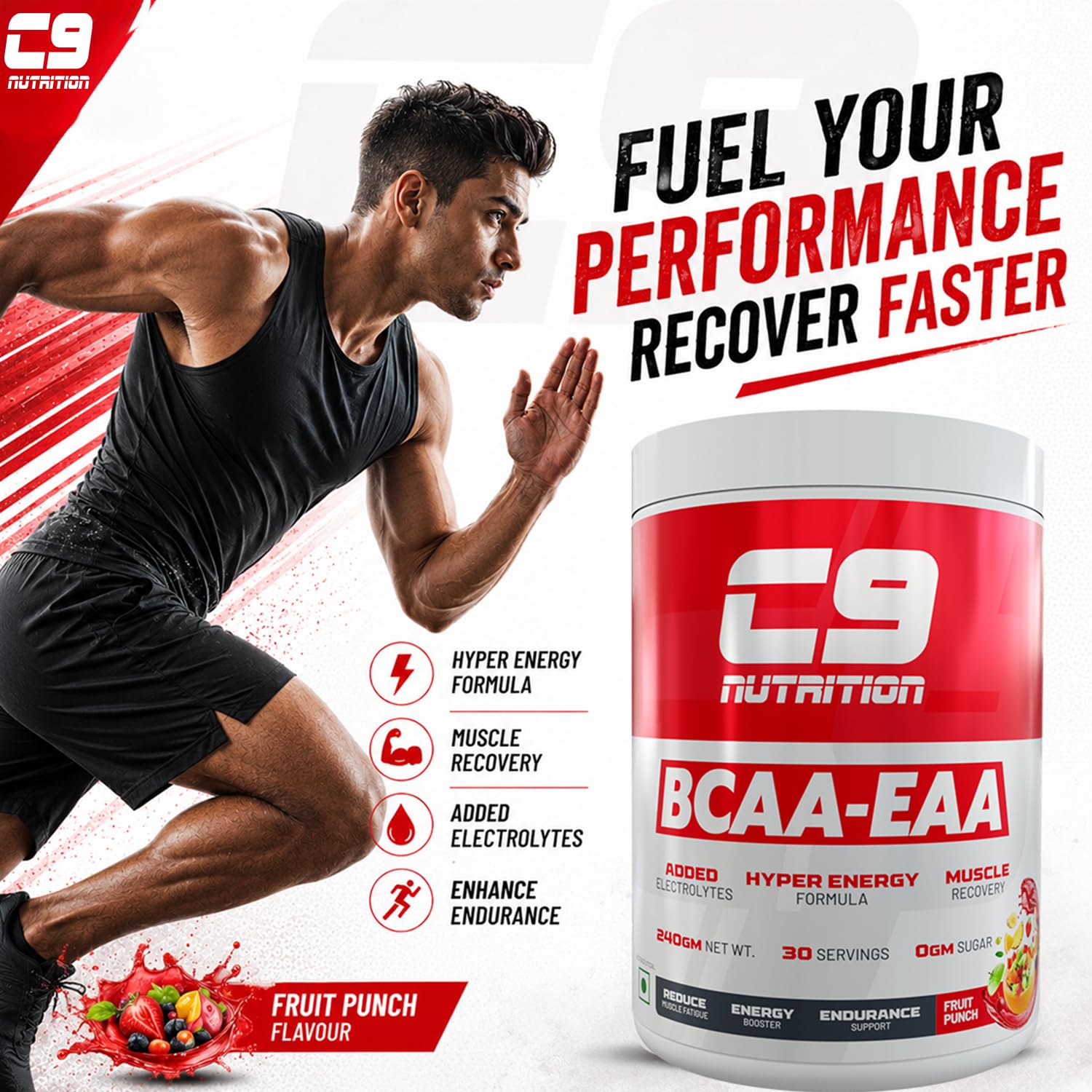 C9 Nutrition BCAA + EAA Powder, 30 Servings, 300g, Sugar-Free, Non-GMO, Gluten-Free - back view