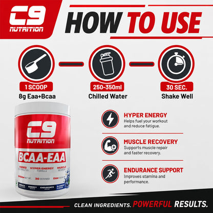 C9 Nutrition BCAA + EAA Powder, 30 Servings, 300g, Sugar-Free, Non-GMO, Gluten-Free - packaging