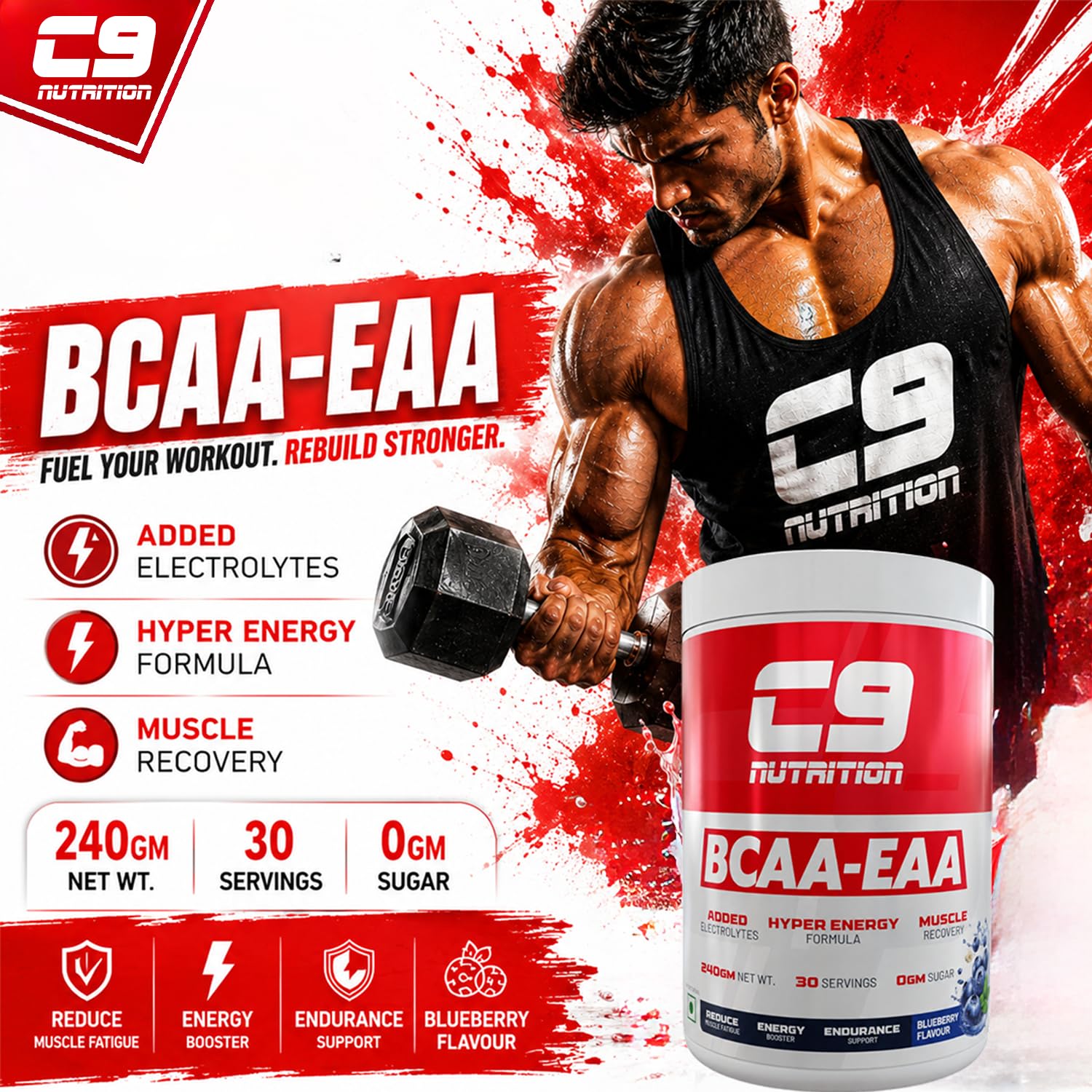 C9 Nutrition BCAA + EAA Powder, 30 Servings, 300g, Sugar-Free, Non-GMO, Gluten-Free - label detail