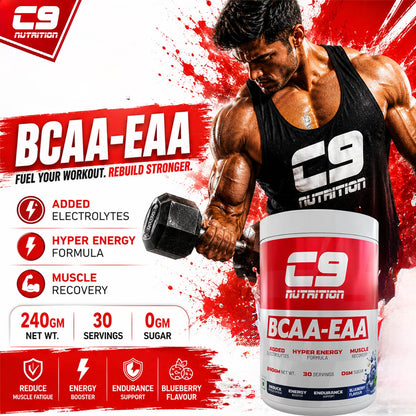 C9 Nutrition BCAA + EAA Powder, 30 Servings, 300g, Sugar-Free, Non-GMO, Gluten-Free - label detail