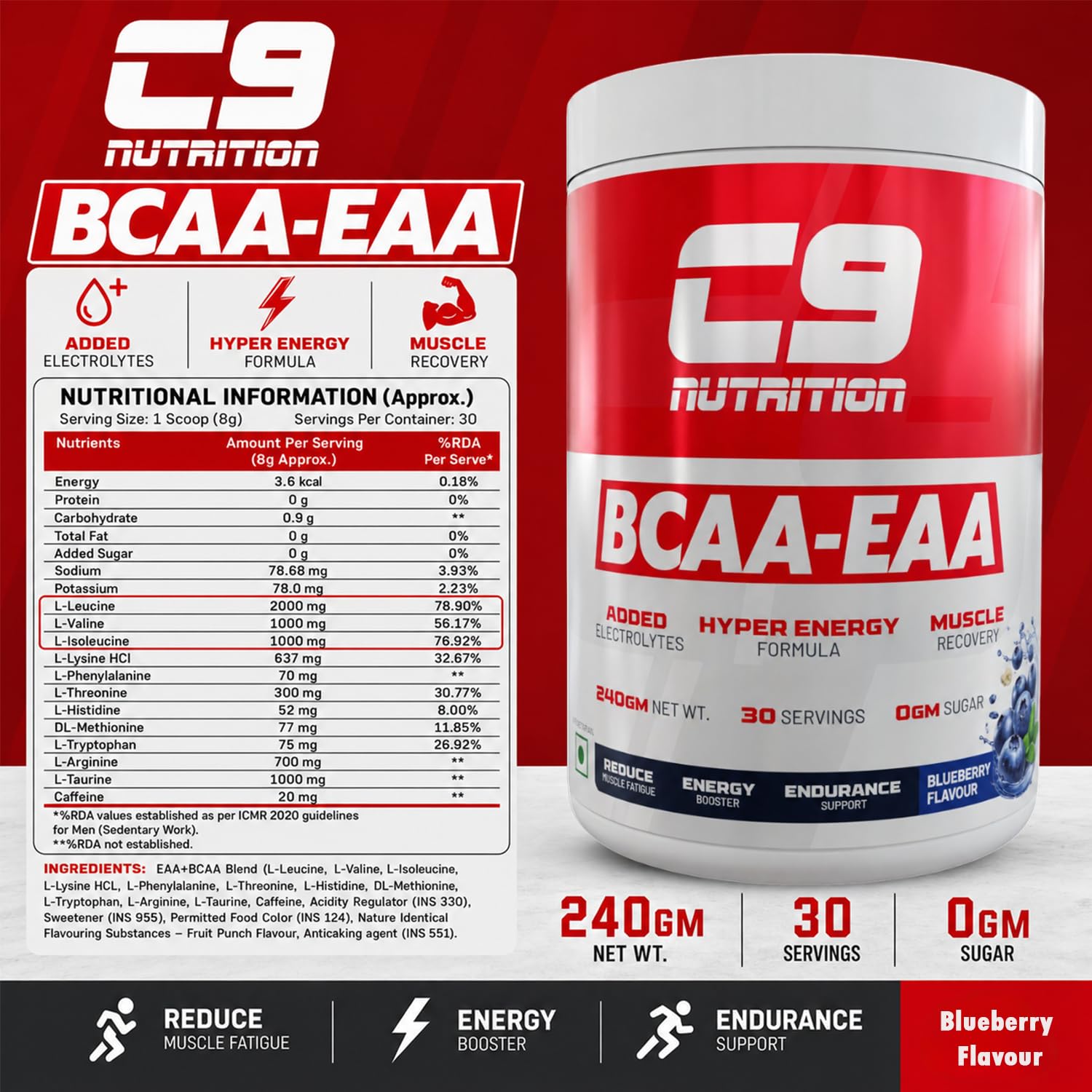 C9 Nutrition BCAA + EAA Powder, 30 Servings, 300g, Sugar-Free, Non-GMO, Gluten-Free - ingredients panel