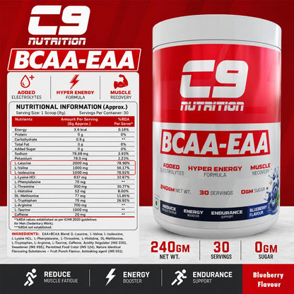 C9 Nutrition BCAA + EAA Powder, 30 Servings, 300g, Sugar-Free, Non-GMO, Gluten-Free - ingredients panel