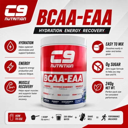 C9 Nutrition BCAA + EAA Powder, 30 Servings, 300g, Sugar-Free, Non-GMO, Gluten-Free - close-up detail