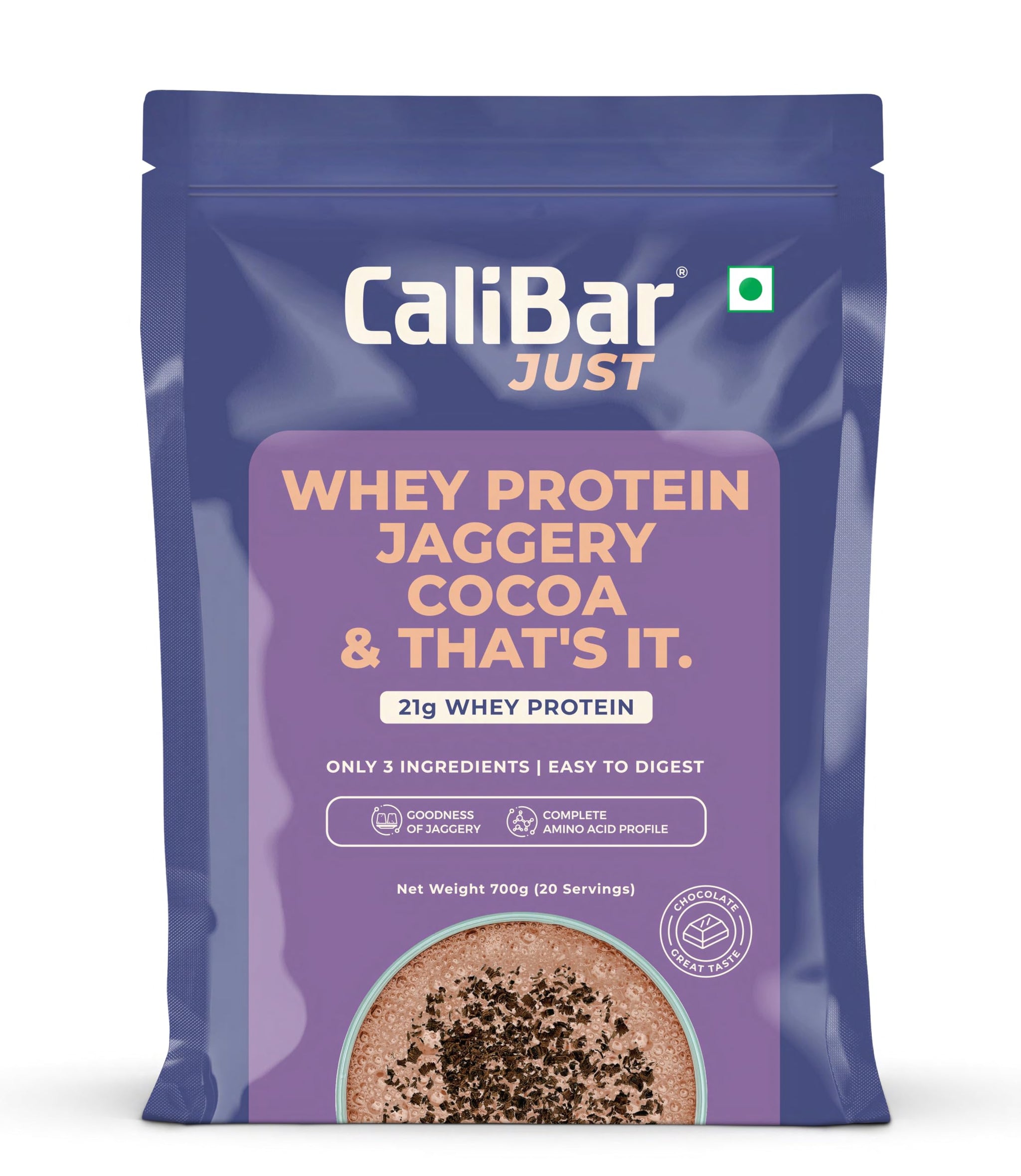 CaliBar Just Chocolate Whey Protein Powder, 700g, 20 Servings, Natural Whey Concentrate with Cocoa and Jaggery