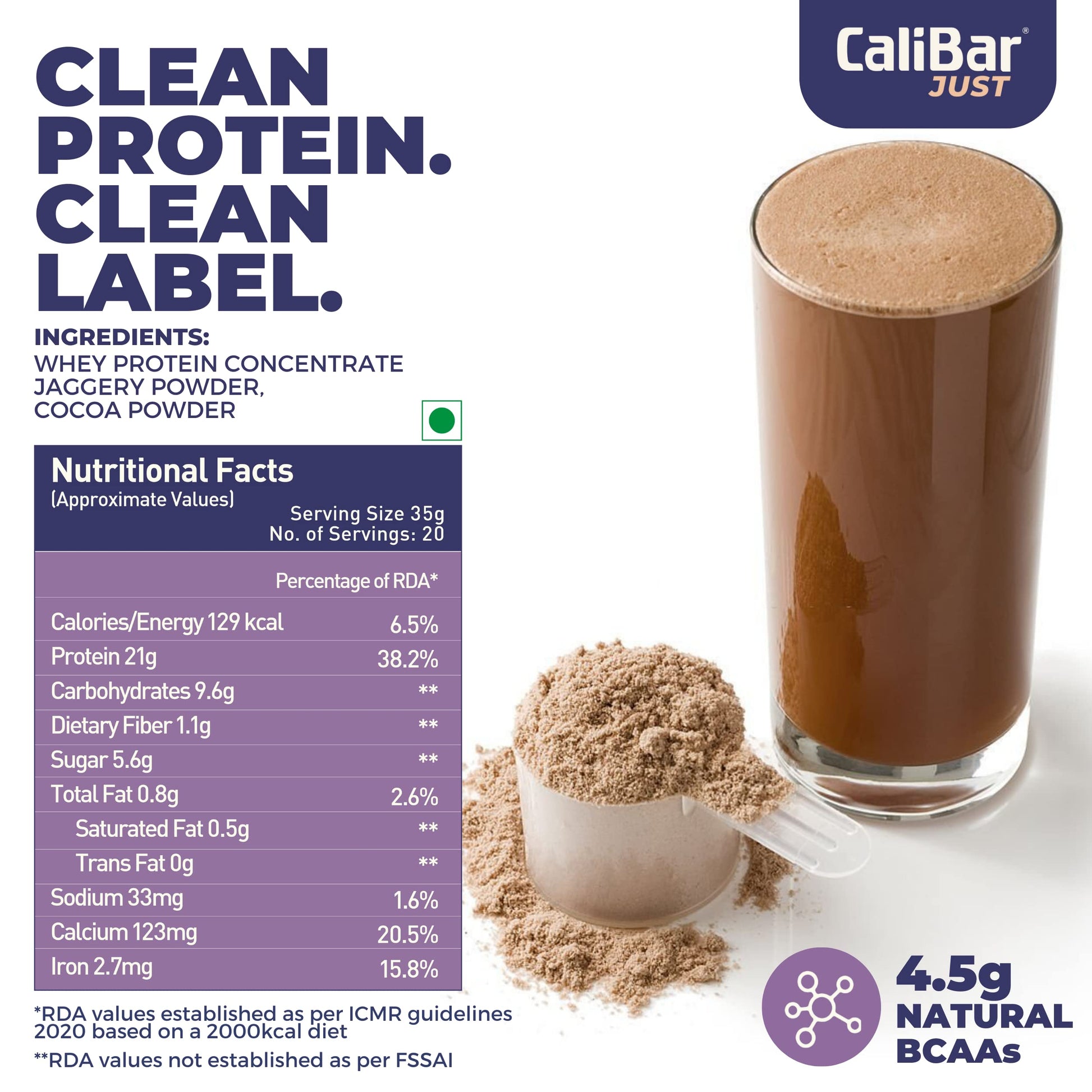 CaliBar Just Chocolate Whey Protein Powder, 700g, 20 Servings, Natural Whey Concentrate with Cocoa and Jaggery - back view