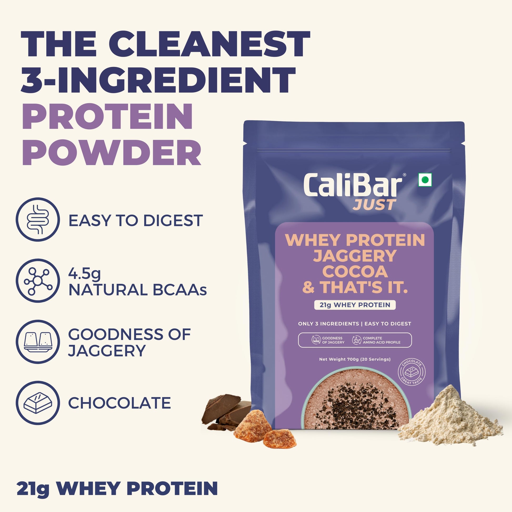 CaliBar Just Chocolate Whey Protein Powder, 700g, 20 Servings, Natural Whey Concentrate with Cocoa and Jaggery - packaging