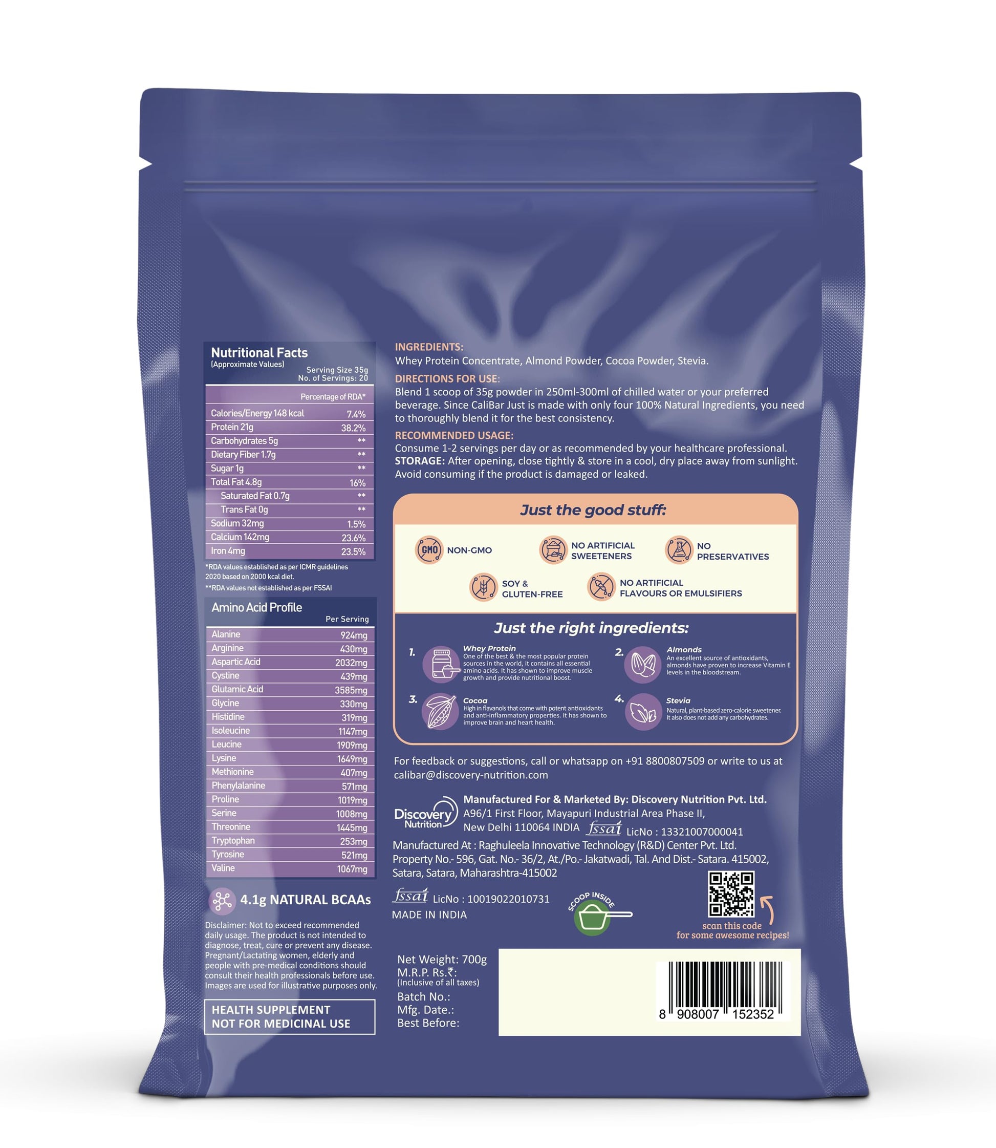 CaliBar Just Chocolate Whey Protein Powder, 700g, 20 Servings, Natural Whey Concentrate with Cocoa and Jaggery - label detail