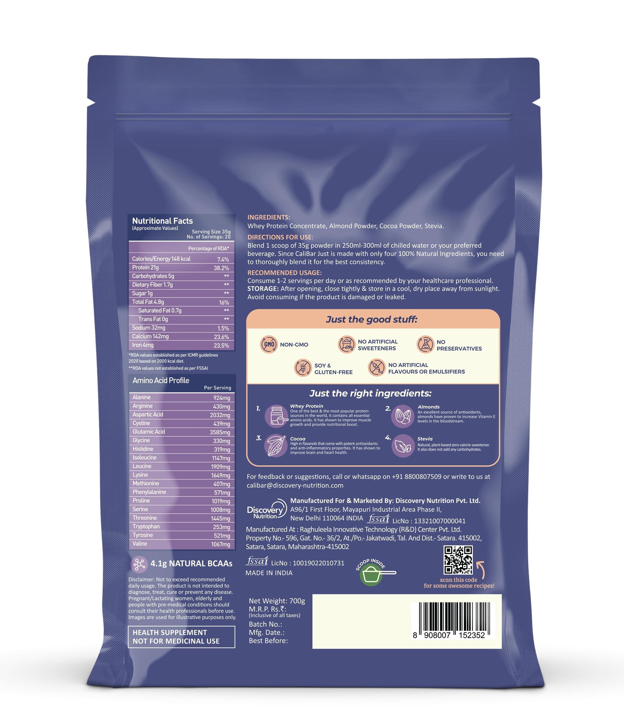 CaliBar Just Chocolate Whey Protein Powder, 700g, 20 Servings, Natural Whey Concentrate with Cocoa and Jaggery - label detail