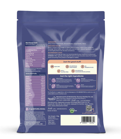 CaliBar Just Chocolate Whey Protein Powder, 700g, 20 Servings, Natural Whey Concentrate with Cocoa and Jaggery - label detail