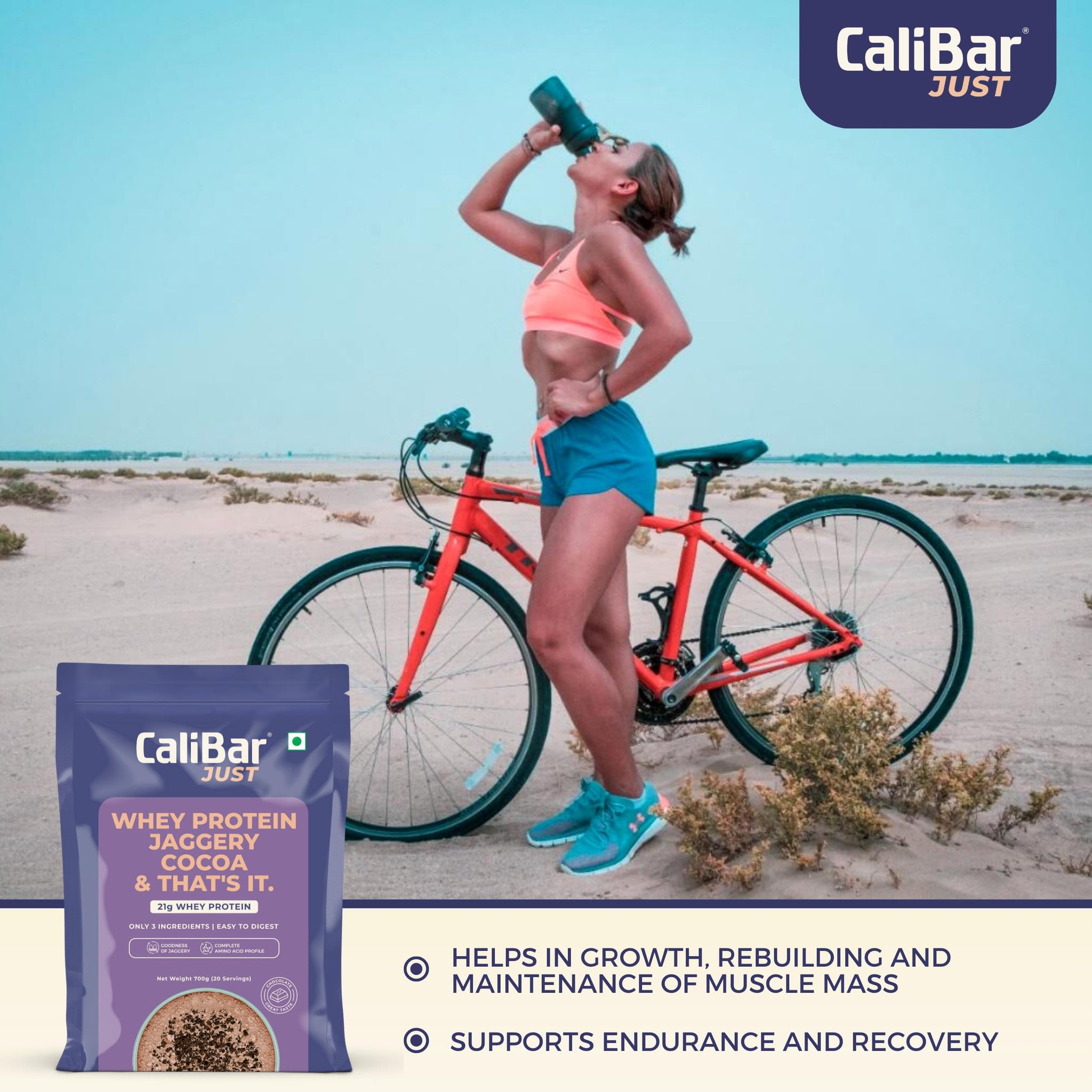 CaliBar Just Chocolate Whey Protein Powder, 700g, 20 Servings, Natural Whey Concentrate with Cocoa and Jaggery - ingredients