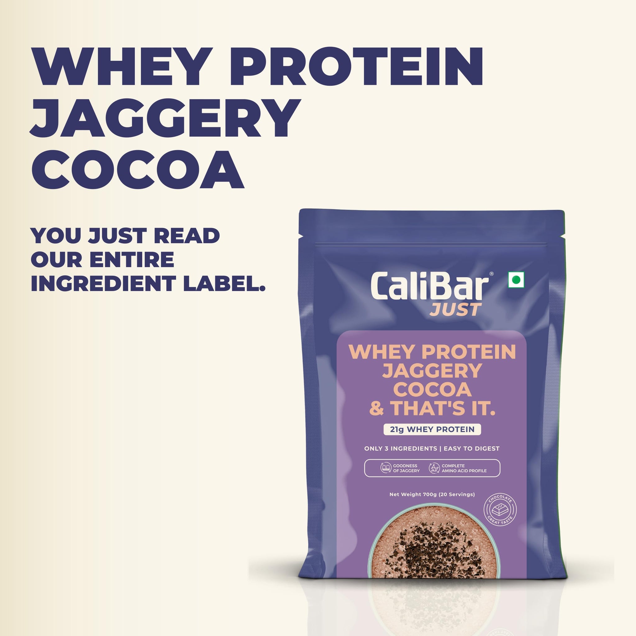 CaliBar Just Chocolate Whey Protein Powder, 700g, 20 Servings, Natural Whey Concentrate with Cocoa and Jaggery - close-up det