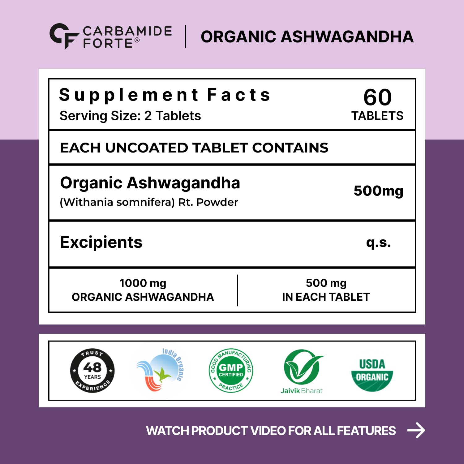 Carbamide Forte Ashwagandha Tablets 1000mg, Organic Root Extract, 60 Count, Adult Supplement - front view