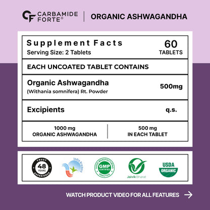 Carbamide Forte Ashwagandha Tablets 1000mg, Organic Root Extract, 60 Count, Adult Supplement - front view