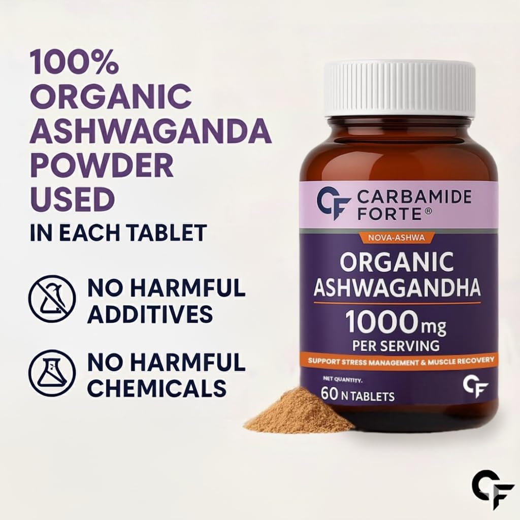 Carbamide Forte Ashwagandha Tablets 1000mg, Organic Root Extract, 60 Count, Adult Supplement - back view