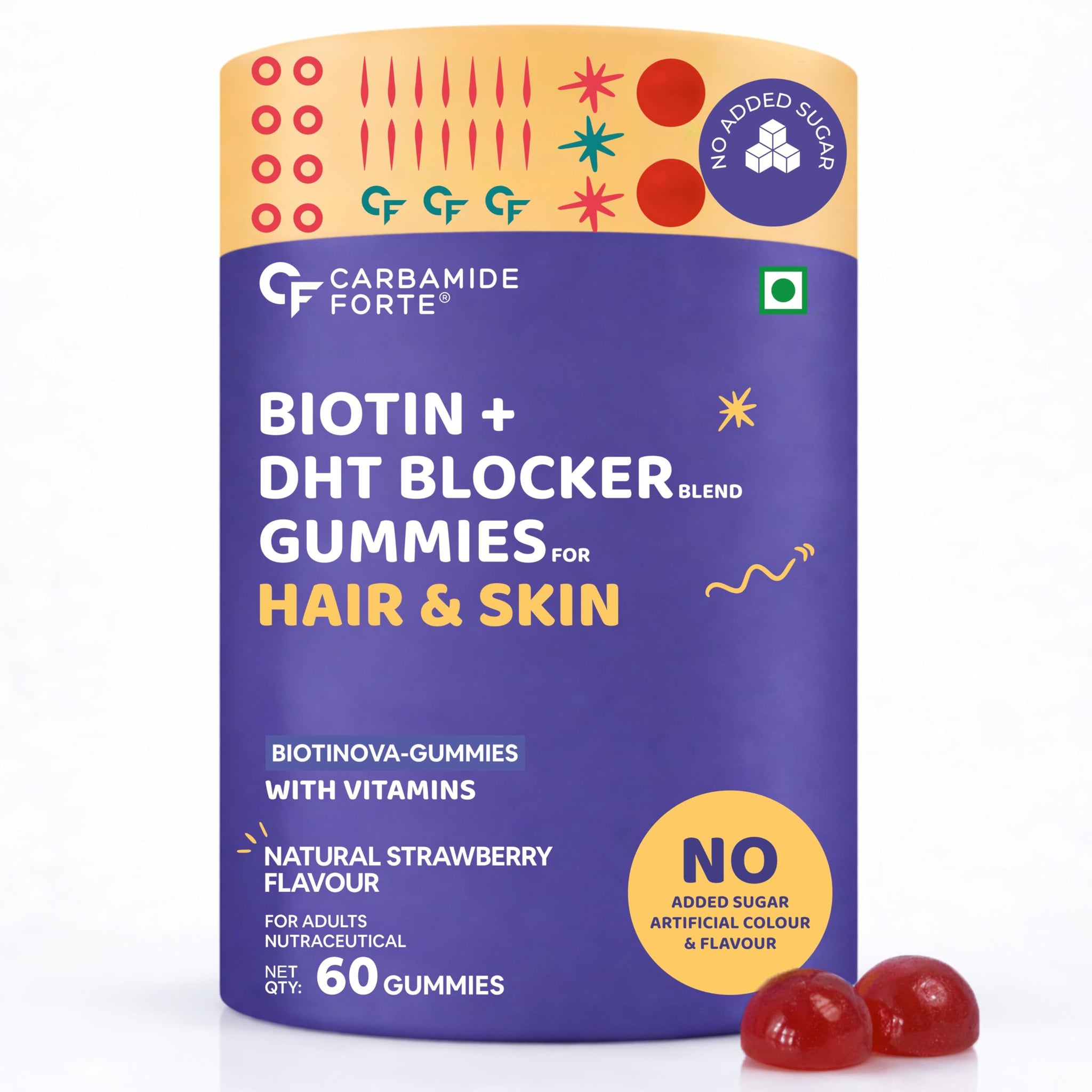 Carbamide Forte Biotin Hair Gummies, Strawberry Flavor, No Added Sugar, 60 Count, Adult Supplement