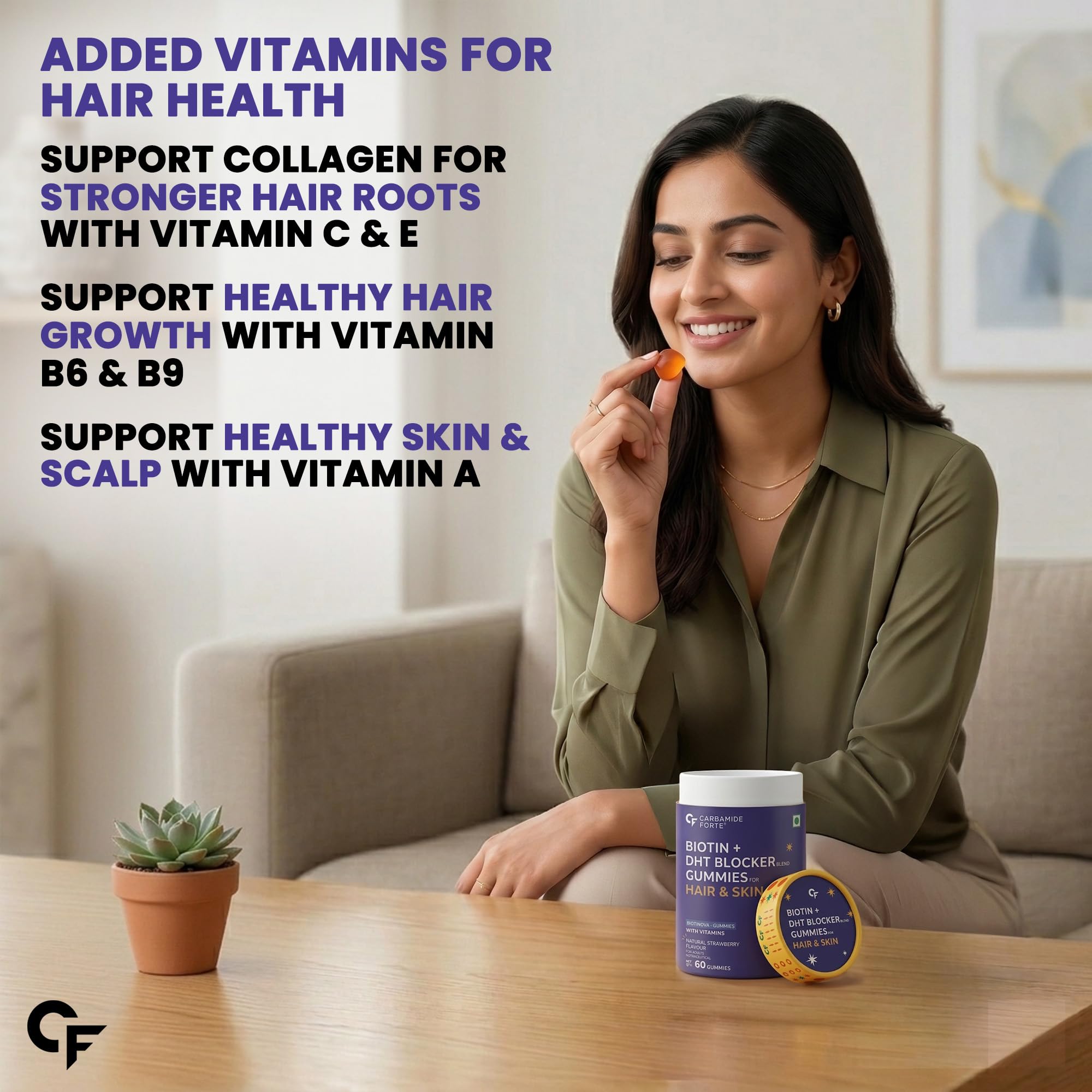 Carbamide Forte Biotin Hair Gummies, Strawberry Flavor, No Added Sugar, 60 Count, Adult Supplement - in use