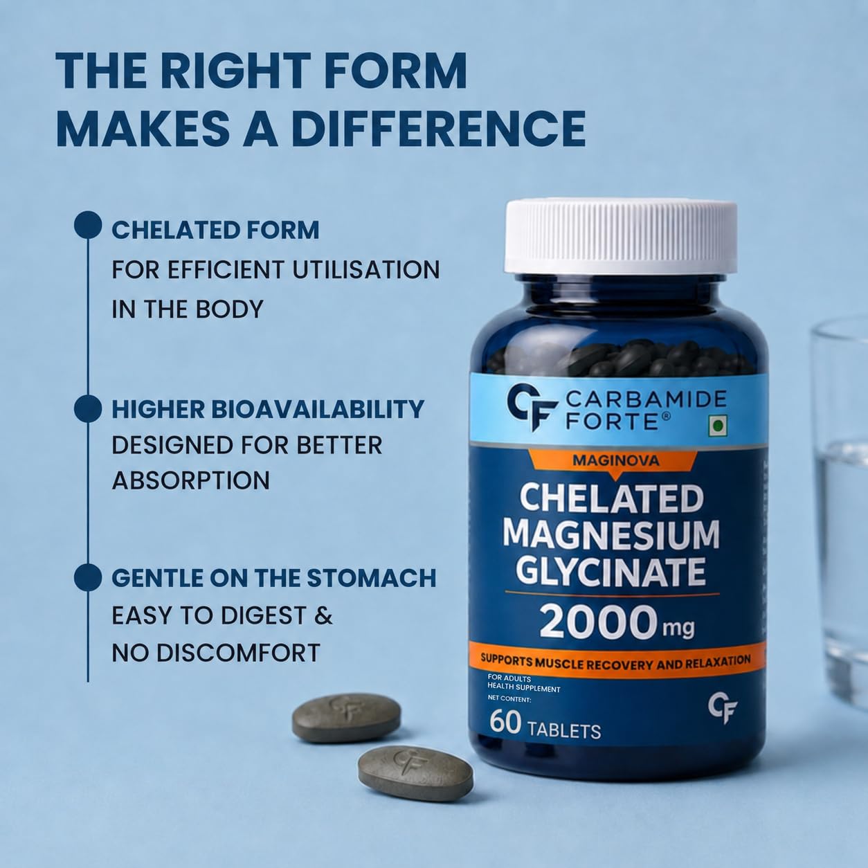 Carbamide Forte Chelated Magnesium Glycinate Supplement, 2000mg per Serving, 10 Veg Tablets - close-up detail (33)
