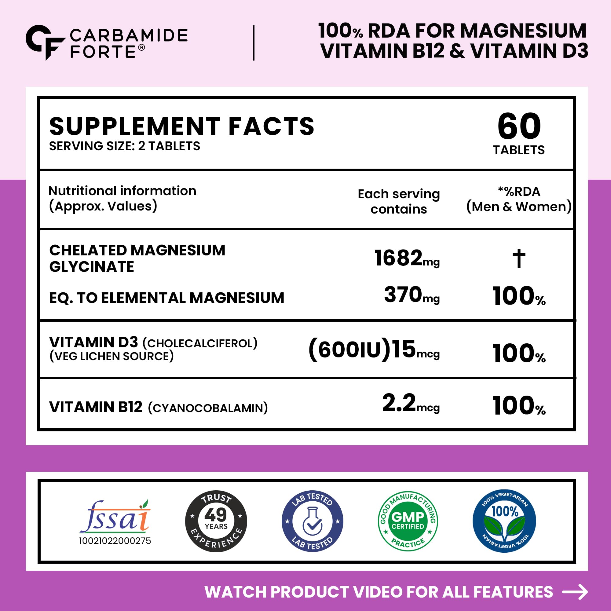 Carbamide Forte Chelated Magnesium Glycinate Supplement, 2000mg per Serving, 10 Veg Tablets - front view (37)