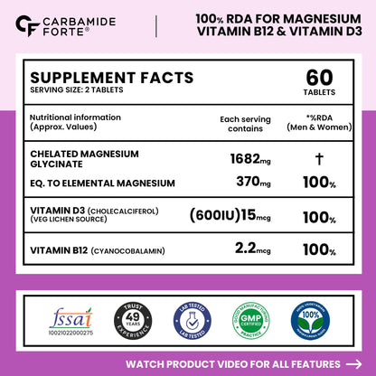 Carbamide Forte Chelated Magnesium Glycinate Supplement, 2000mg per Serving, 10 Veg Tablets - front view (37)