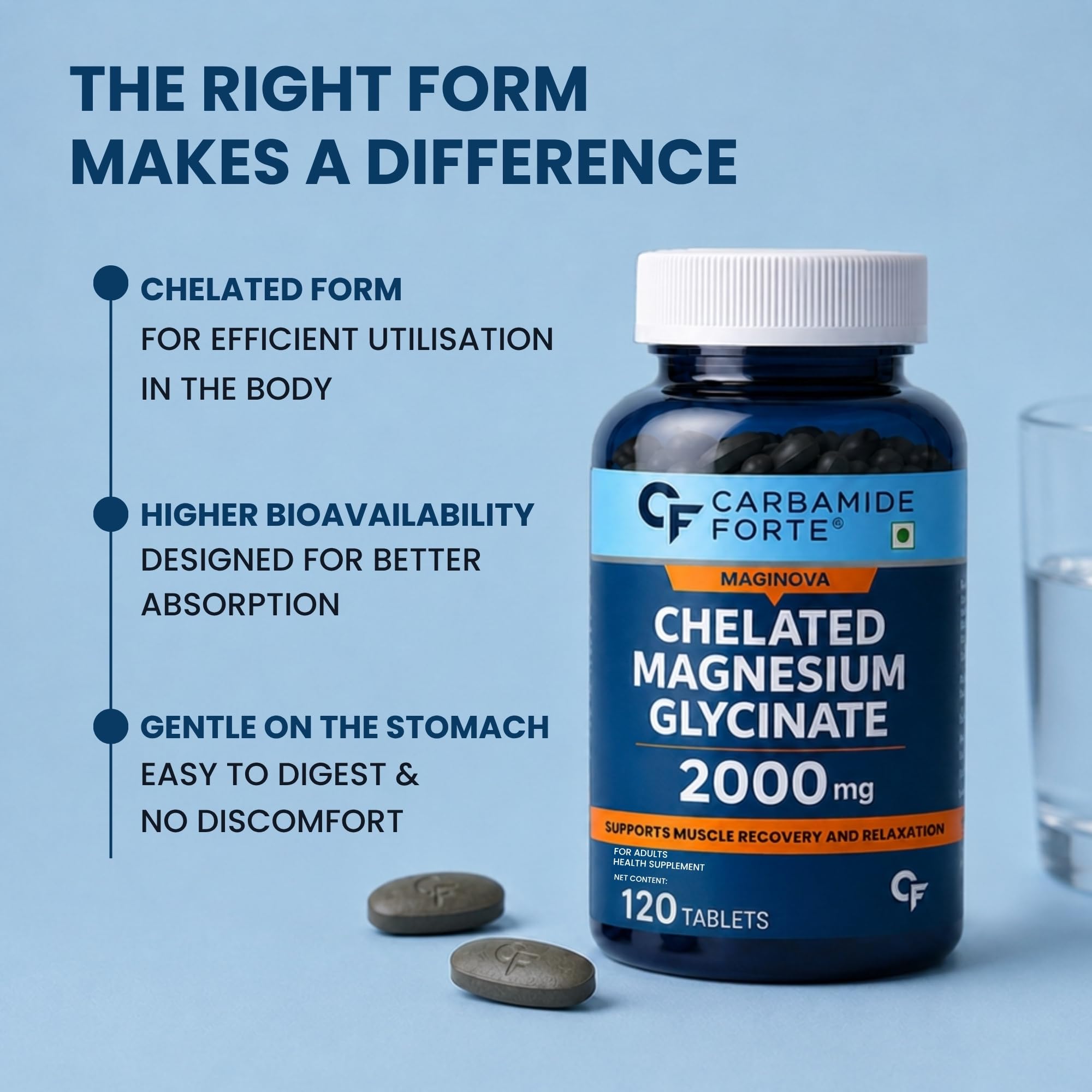Carbamide Forte Chelated Magnesium Glycinate Supplement, 2000mg per Serving, 10 Veg Tablets - close-up detail (58)