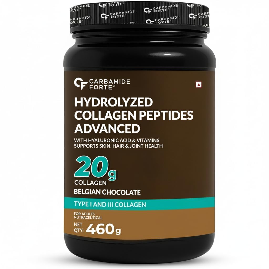 Carbamide Forte Hydrolyzed Collagen Peptides Powder, 460g, Belgian Chocolate Flavour, Type I & III, Adult Supplement