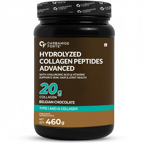 Carbamide Forte Hydrolyzed Collagen Peptides Powder, 460g, Belgian Chocolate Flavour, Type I & III, Adult Supplement