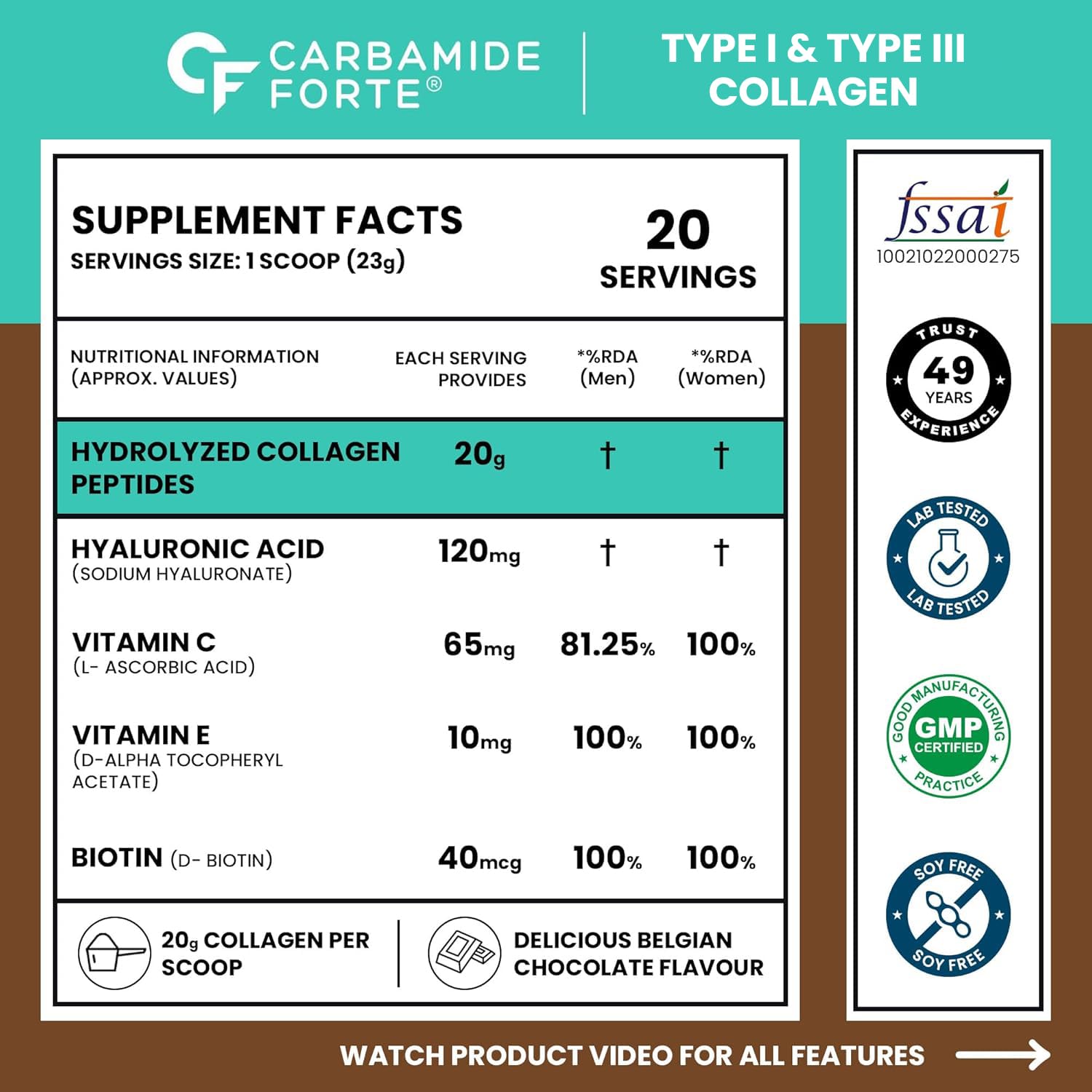 Carbamide Forte Hydrolyzed Collagen Peptides Powder, 460g, Belgian Chocolate Flavour, Type I & III, Adult Supplement - front