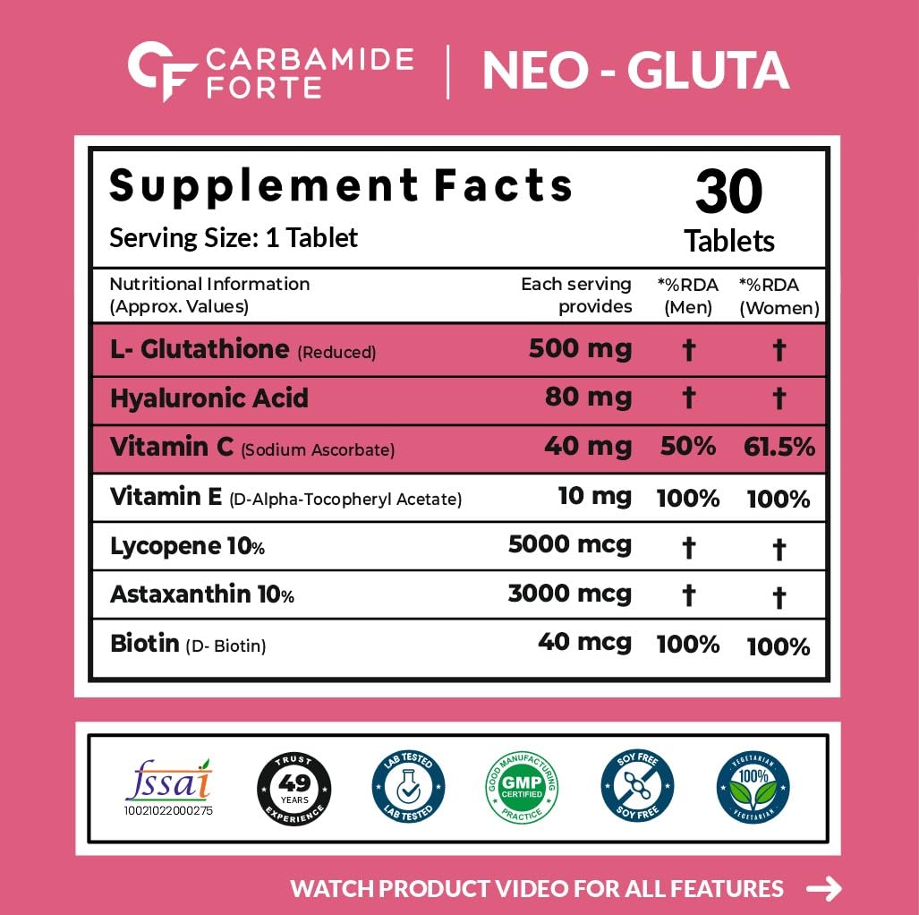 Carbamide Forte Japanese Reduced L-Glutathione Tablets 500mg, 30 Veg Tablets with Vitamin C, Hyaluronic Acid, Biotin, Lycopen