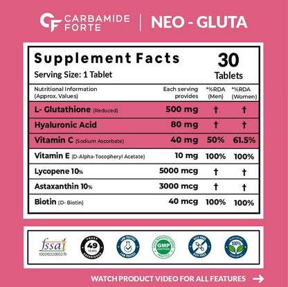 Carbamide Forte Japanese Reduced L-Glutathione Tablets 500mg, 30 Veg Tablets with Vitamin C, Hyaluronic Acid, Biotin, Lycopen