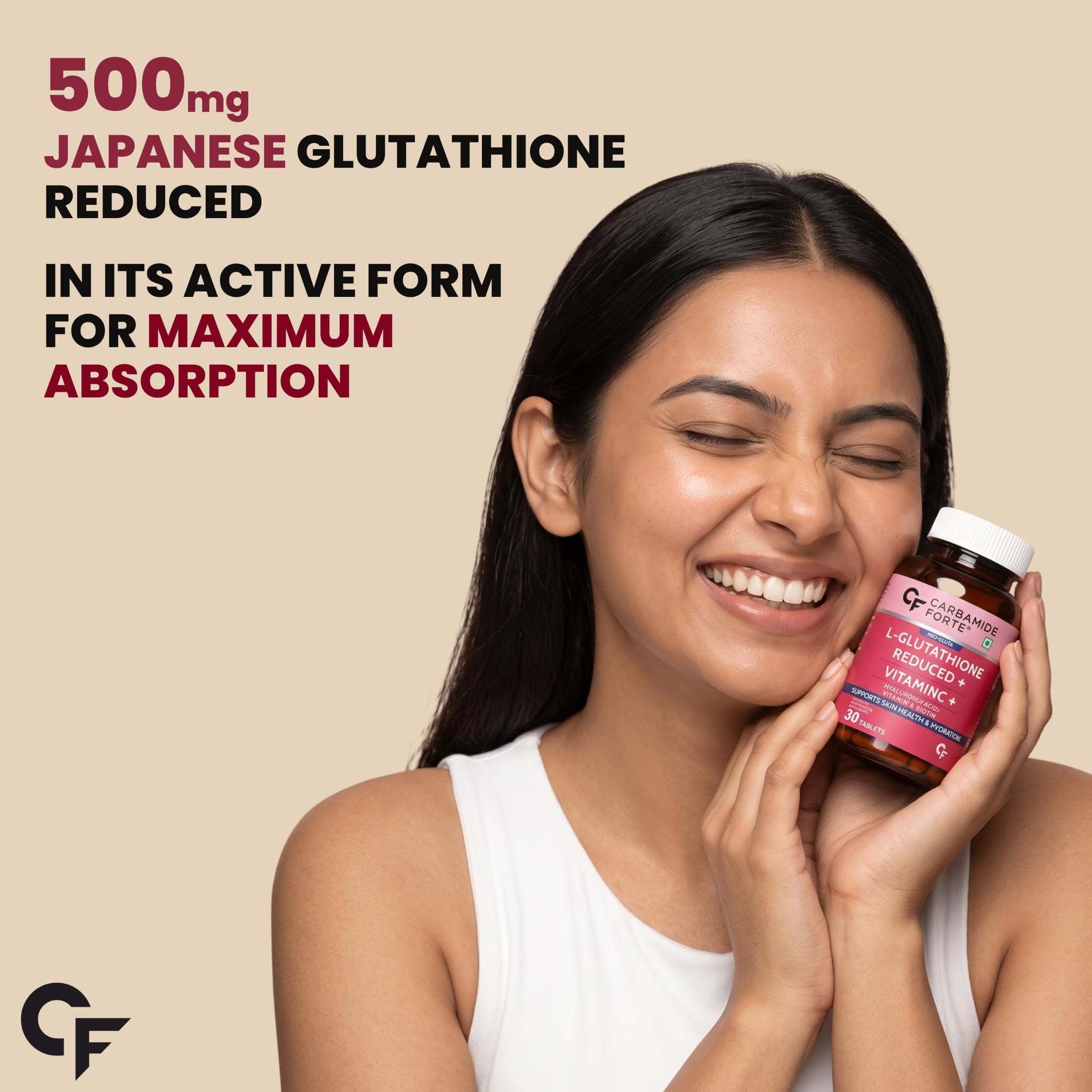Carbamide Forte Japanese Reduced L-Glutathione Tablets 500mg, 30 Veg Tablets with Vitamin C, Hyaluronic Acid, Biotin, Lycopen