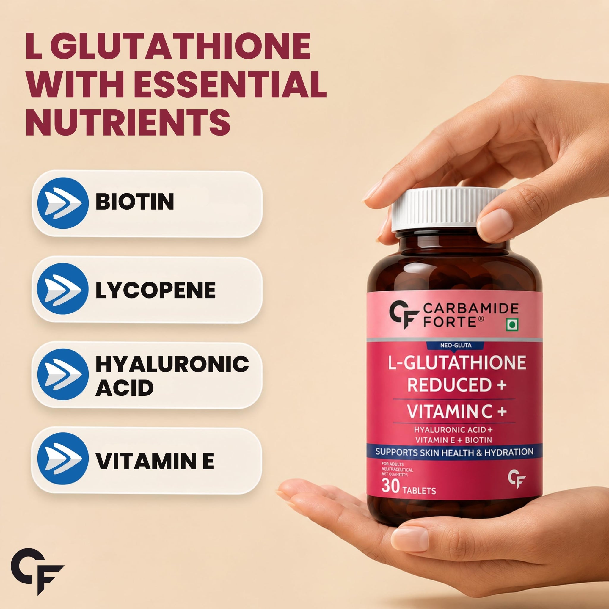 Carbamide Forte Japanese Reduced L-Glutathione Tablets 500mg, 30 Veg Tablets with Vitamin C, Hyaluronic Acid, Biotin, Lycopen