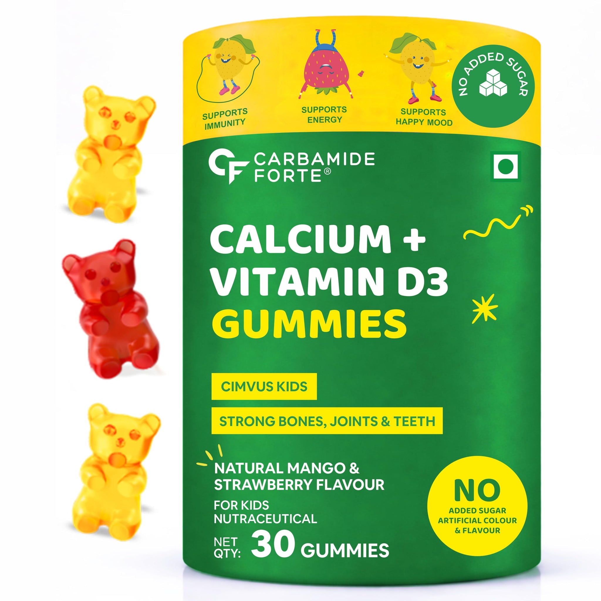 Carbamide Forte Kids Calcium Vitamin D3 Gummies with Phosphorus, Mango Strawberry Flavor, Vegetarian Formula