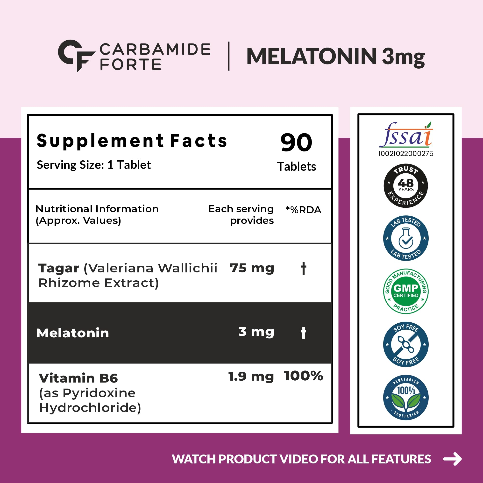 Carbamide Forte Melatonin 10mg Tablets, Sleep Supplement with Tagar and Vitamin B6 - front view (11)