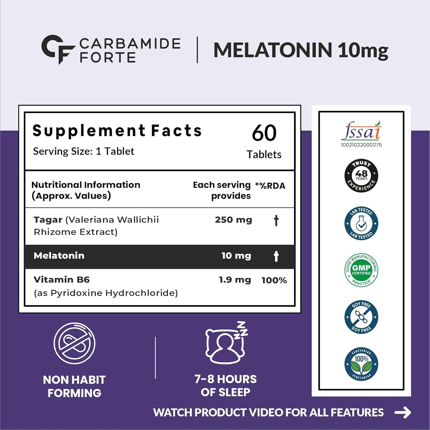 Carbamide Forte Melatonin 10mg Tablets, Sleep Supplement with Tagar and Vitamin B6 - front view