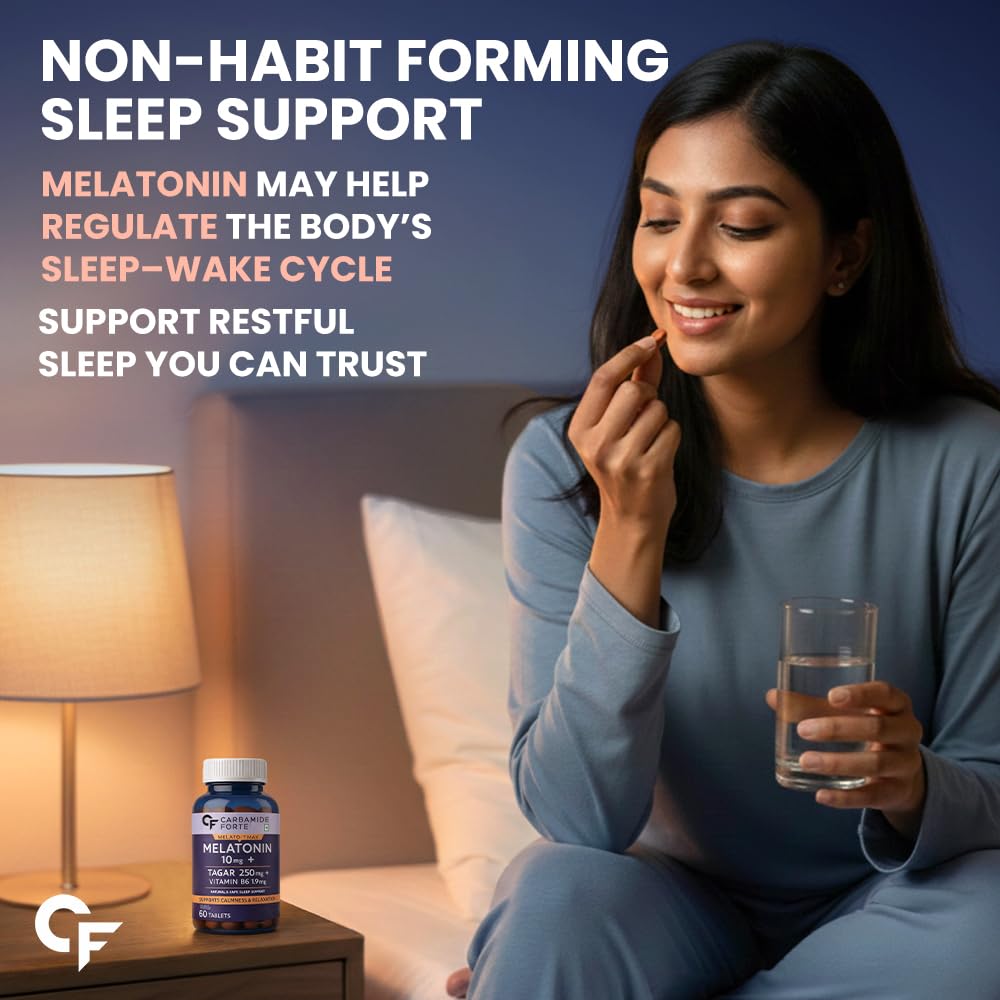 Carbamide Forte Melatonin 10mg Tablets, Sleep Supplement with Tagar and Vitamin B6 - in use