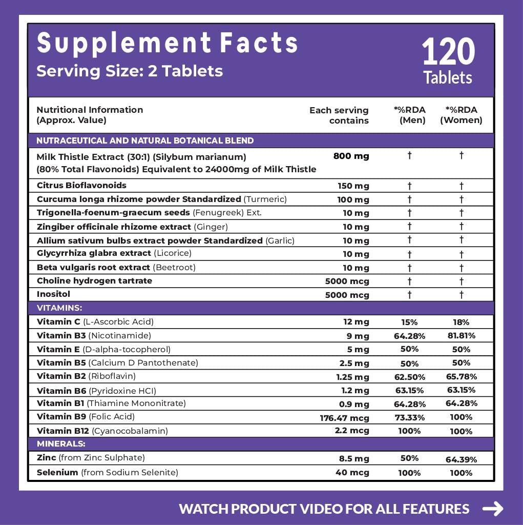 Carbamide Forte Milk Thistle Herbal Supplement, 30:1 Extract 800mg, 80% Silymarin, Veg Tablets - front view